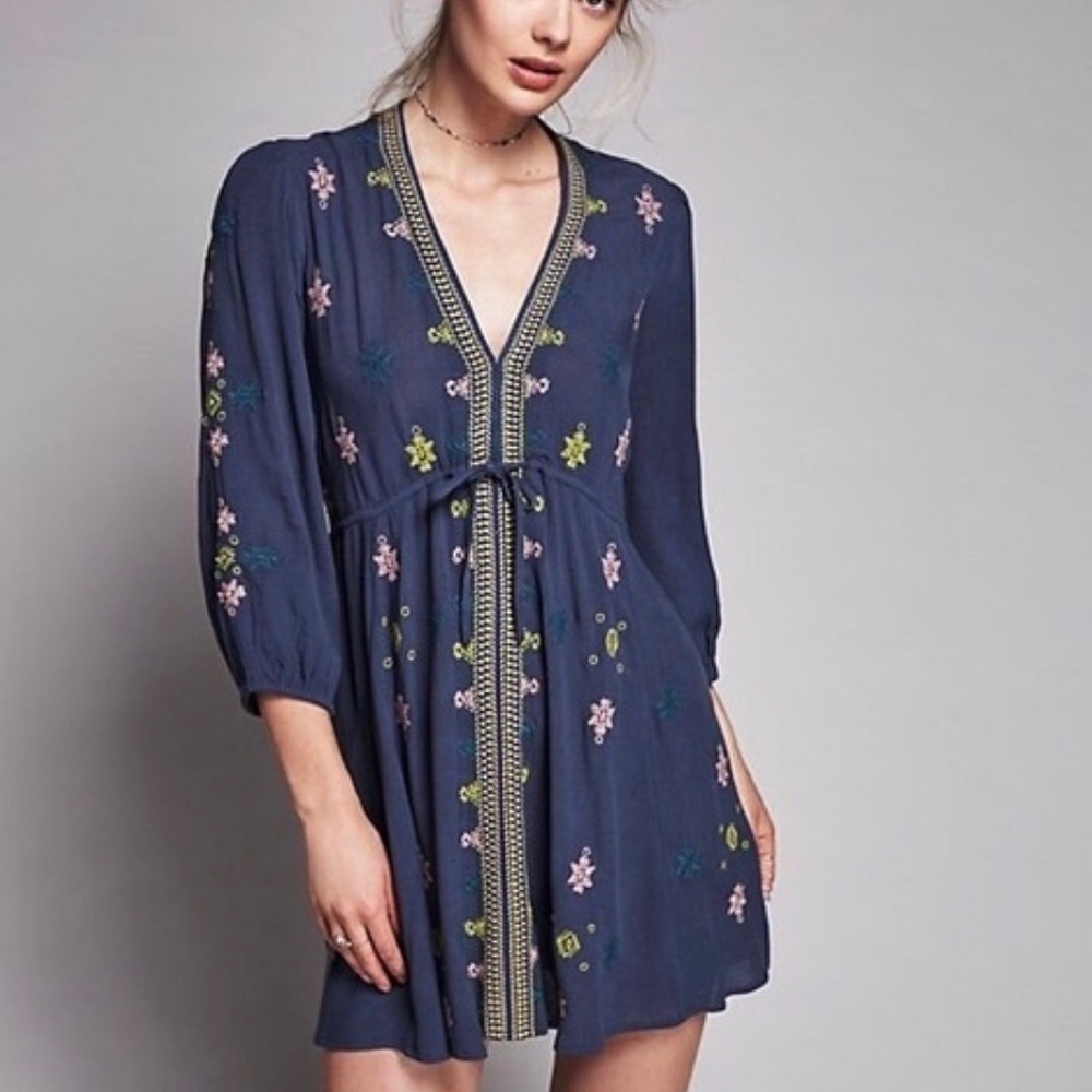 Free People Navy Embroidered Mini Dress